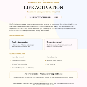 Life Activation with Mary – 1.5-hour private energy session flyer