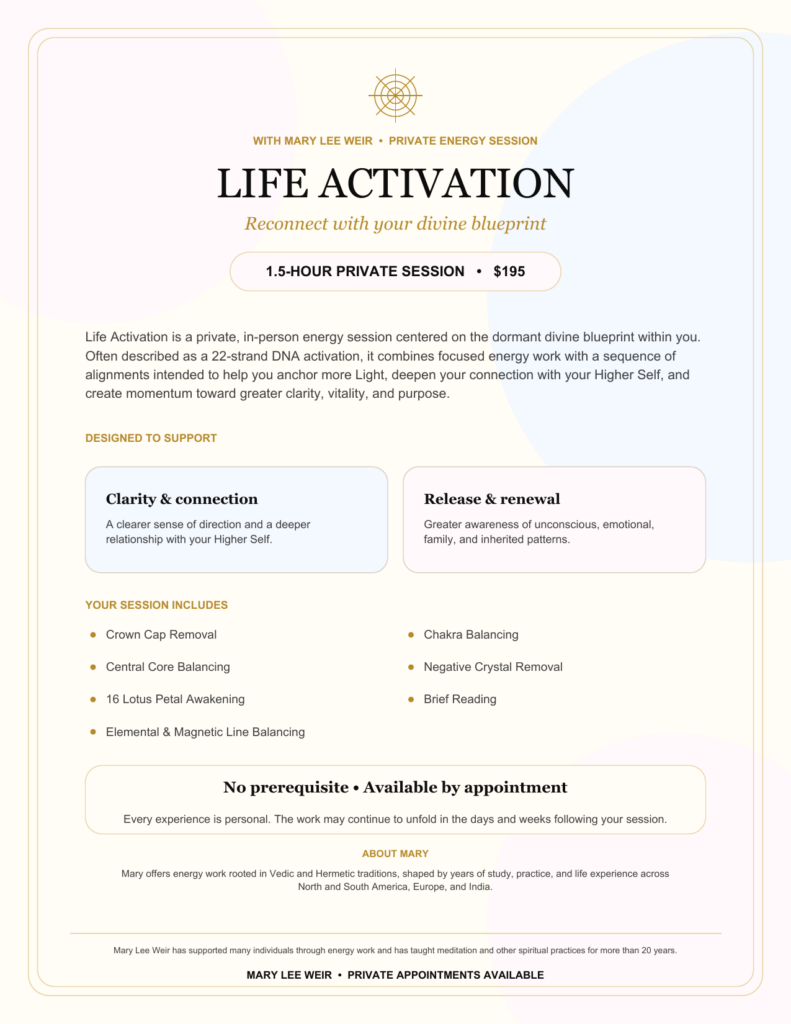 Life Activation with Mary – 1.5-hour private energy session flyer